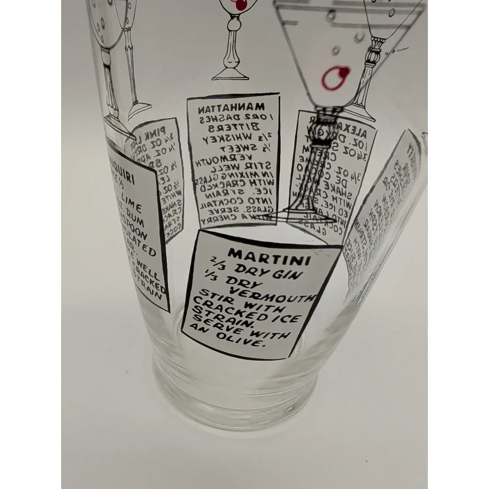Vtg MCM XLarge 32-Oz Glass Cocktail Shaker Recipes 2 Lids Martini Daiquiri